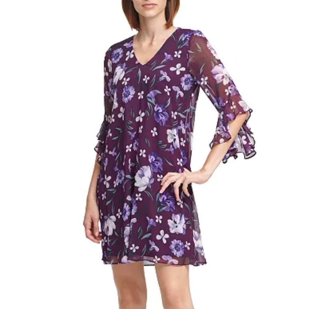 Calvin Klein Floral Print Bell Sleeve Shift Dress - Picture 2 of 10